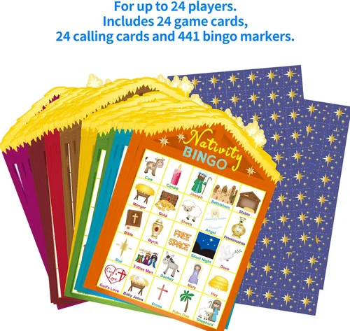 Vista 3 de Juego de bingo de la Natividad de Fancy Land para niños, 24 jugadores, Navidad, establo, casa cristiana, juego de bingo religioso para fiestas
