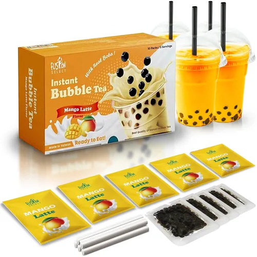 Vista 10 de Fusion Select Juego de 5 paquetes de té de burbujas de taro, mango, melaza, fresa con perlas de tapioca extra ricas, pajitas