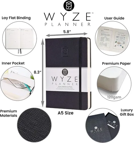 Vista 3 de Wyze Planner Agenda diaria sin fecha, organizador de productividad A5 de 6 meses con página completa por día, horario por hora, establecimiento