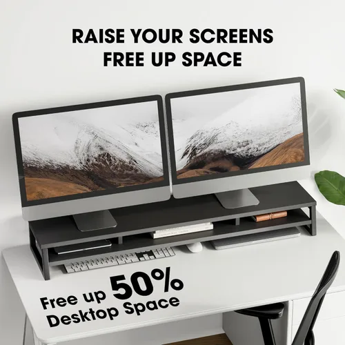 Vista 4 de Fenge Soporte de monitor doble para escritorio, elevador de monitor grande de 42.5 pulgadas para 2 monitores, estante superior de escritorio