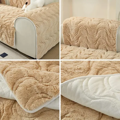 Vista 7 de vctops Funda de sofá de piel sintética con rayas onduladas, suave y cálida y mullida, funda de sofá modular de felpa lanuda de color sólido, funda