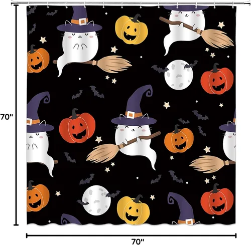 Vista 5 de Cortina de ducha de fantasmas de Halloween, diseño de bruja de dibujos animados, escoba fantasma, calabaza, murciélago, luna, divertida, bonita