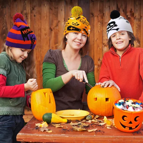 Vista 7 de 6 gorros de Halloween con patrón de fantasma, gorro de punto cálido y elástico de invierno para hombres y mujeres adultos, regalos de Halloween