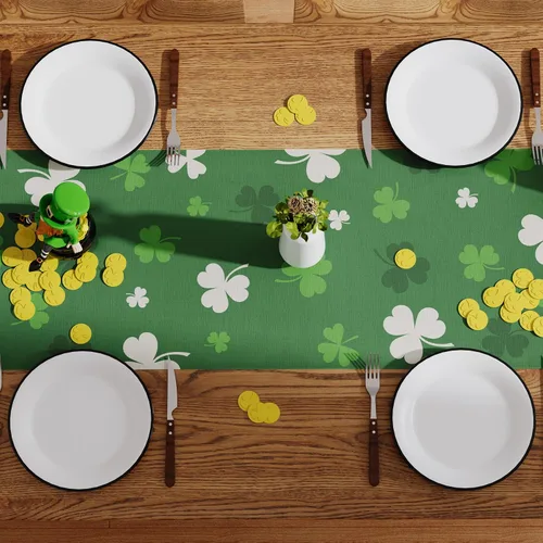 Vista 7 de Siilues Camino de mesa del día de San Patricio, decoraciones del día de San Patricio, trébol verde, decoración de mesa de primavera para fiesta