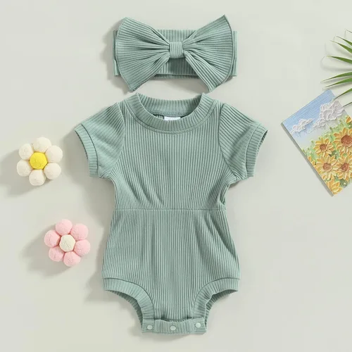 Vista 23 de Traje de verano para niña pequeña, de manga corta, acanalado, overol liso, pantalones cortos, ropa para recién nacidos