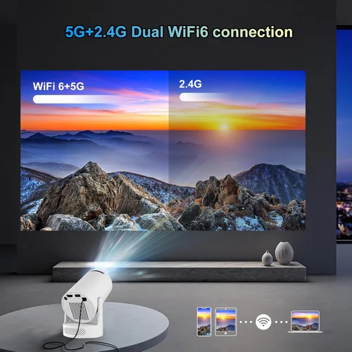 Vista 4 de Mini proyector 4K compatible con doble banda WIFI6 5G inalámbrico 5.4 Bluetooth Android 11, altavoz base de sonido, Keystone vertical automático