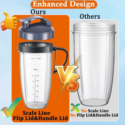 Vista 2 de NutriBullet - Juego de 8 tazas y cuchillas de repuesto NutriBullet de 32 onzas con 1 tapa abatible para llevar y 1 mango de anillo para licuadora