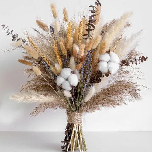 Vista 8 de Ramo de flores secas de otoño, decoración de otoño bohemia con hierba de pampas, algodón y colas de conejo naranja, arreglo floral de otoño