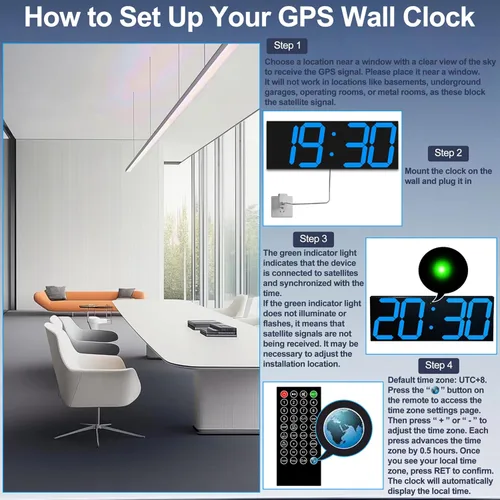 Vista 5 de CHKOSDA 18.7 Inch Large Digital Wall Clock with GPS Auto-Sync Time - Blue 164ft Visibility, No Wi-Fi, 8-Level Dimming, Timer, Remote