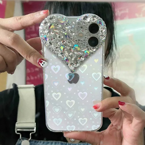 Vista 4 de Bonita funda para iPhone 11 con purpurina 3D para mujeres y niñas, bonita funda transparente con diamantes de imitación y diamantes de imitación