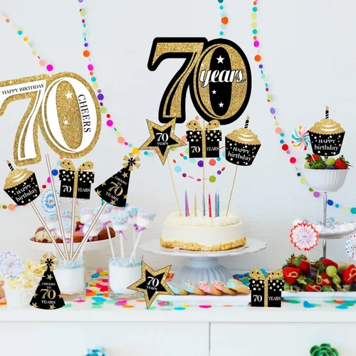 Vista 5 de Blulu Juego de decoraciones de fiesta de cumpleaños de 70 años, centros de mesa dorados con purpurina, suministros para fiesta, 24 piezas
