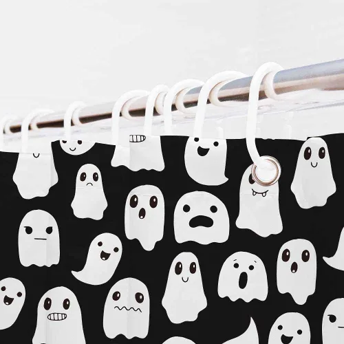 Vista 5 de Cortina de ducha fantasma de Halloween de 72 x 72 pulgadas, espeluznante y divertida, iconos de fantasmas de dibujos animados, tela blanca y negra, 1
