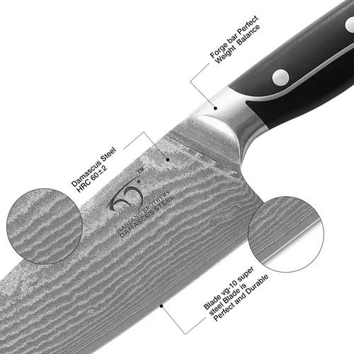 Vista 2 de NANFANG BROTHERS Cuchillo de chef de 8 pulgadas, 67 capas VG10 de acero de damasco, mango ergonómico de triple remache ABS antideslizante