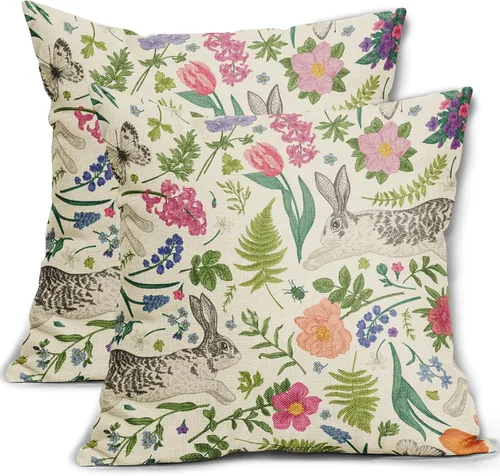 Vista 21 de Juego de 2 fundas de almohada de primavera de 16 x 16 pulgadas, diseño de conejo, flores rosas, hojas verdes salvia, plantas botánicas vintage