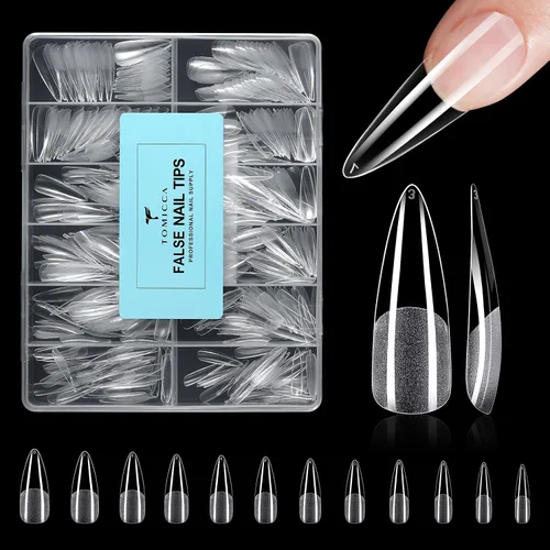 Vista 18 de TOMICCA Puntas de uñas de almendra extra cortas, 240 unidades, 15 tamaños, puntas de uñas de gel transparente preformadas, no necesita lima, uñas