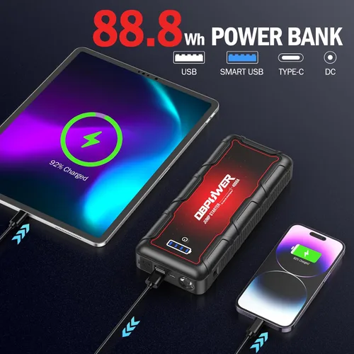 Vista 4 de DBPOWER - Arrancador para automóvil de 4000 A pico de 88.8 Wh portátil (hasta 10 L de motor diésel/todos los motores de gasolina) 12 V, paquete