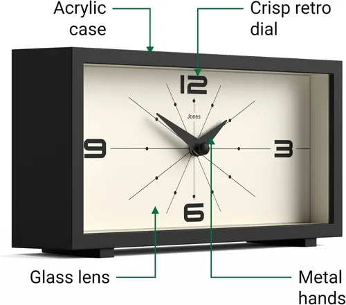 Vista 6 de JONES CLOCKS® Reloj de Escritorio Odeon Diseño Rectangular Moderno Negro Aspecto Retro Elegante para Estante, Mesa, Repisa de Chimenea