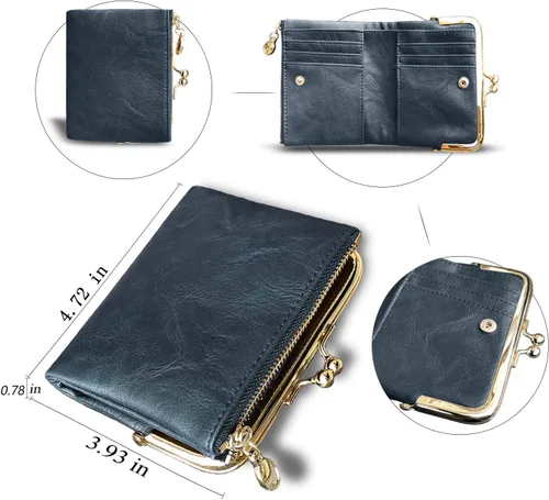 Vista 55 de AOXONEL Cartera para mujer, pequeña, Rfid, compacta, plegable, de piel, vintage, con cremallera y cierre de beso