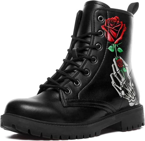 Vista 9 de Botas de combate negras personalizadas para mujer, con lazada, estilo cráneo y rosa, botas de tacón grueso y plataforma de cuero
