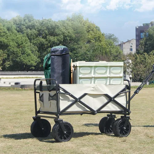 Vista 2 de Bgarden Carts,Beige Collapsible Wagon,Sports Outdoor Utility Wagon Folding Garden Wagon Sports Steel Frame Foldable Yard Car Camping Cart with Side