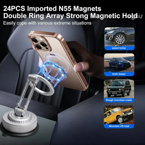 Vista 4 de All-Metal Alloy Magnetic Suction Cup Car Phone Mount Holder Dash (Silver)