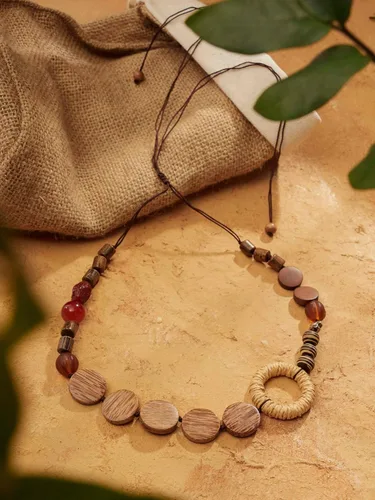 Vista 6 de MINACHI Handmade Braided Necklace for Women, Wooden Beads, Rattan Charm, Vintage Style, Gift Jewelry