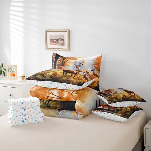 Vista 86 de Feelyou Juego de edredón de ciervo con sábanas – Tamaño Queen 7 piezas Juego de ropa de cama infantil de caza rústica – Cama de ciervo de cabaña
