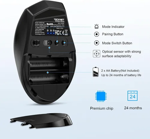 Vista 7 de TECKNET Ratón Bluetooth, inalámbrico silencioso 6 botones batería de 2 años, color negro BT 5.0/3.0, DPI de 6 niveles a 4800, compatible con SO