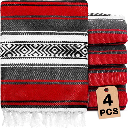 Vista 9 de Oudain 4 mantas mexicanas tejidas a mano a granel, manta de yoga mexicana colorida falsa serape, manta tejida bohemia para acampar al aire libre