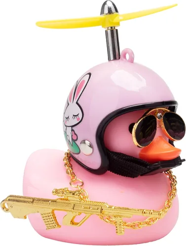 Vista 10 de wonuu Adornos de pato de goma para tablero de automóvil, juego de decoraciones de pato rosa con casco de hélice, lentes de sol, cadena dorada