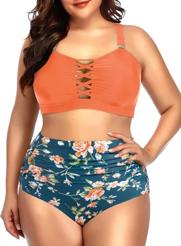 Vista 12 de Daci - Traje de baño de dos piezas para mujer, talla extragrande, cintura alta, fruncido, con cordones Negro