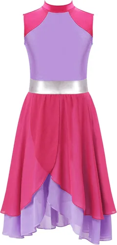 Vista 3 de Vestido de baile lírico de alabanza con dobladillo envuelto en niveles sin mangas con bloques de color para niñas