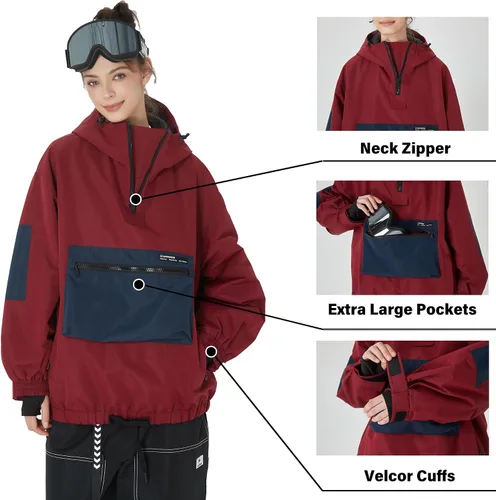 Vista 4 de SNOWVERB Chaqueta de snowboard impermeable holgada con aislamiento y bolsillos tipo cargo con capucha y a prueba de viento para hombres y mujeres