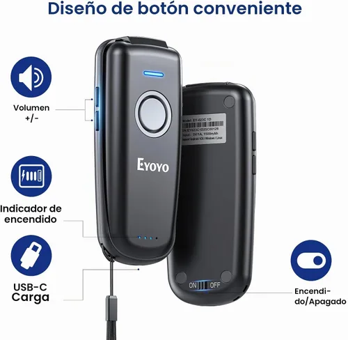Vista 2 de Eyoyo portátil 3-en-1 mini 1D CCD Bluetooth escáner de código de barras inalámbrico Gris