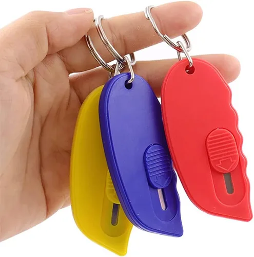 Vista 4 de Mini cortador de caja portátil, mini cortador de caja de llavero con hoja retráctil manual, cuchillos utilitarios de bolsillo para abrecartas