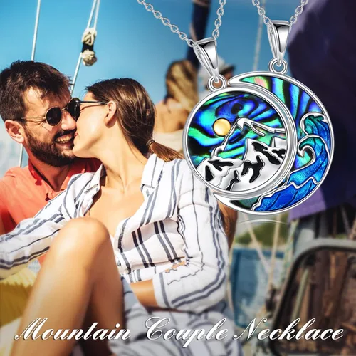 Vista 3 de Collar de plata de ley con ola del océano de montaña, collar a juego para él y ella, regalo de joyería para mujeres, hombres, parejas, novia, novio