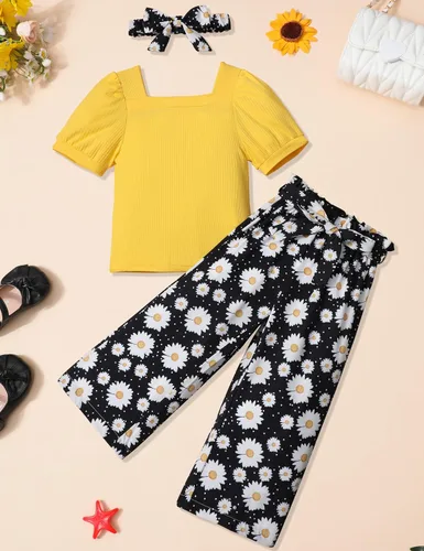 Vista 17 de DONWEN Conjunto de 3 piezas de ropa para niñas pequeñas y niñas con cuello cuadrado + pantalones elegantes + diadema para primavera y verano