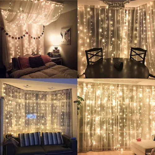 Vista 2 de Guirnalda de 300 luces LED para cortina, luces parpadeantes para dormitorio con 8 modos de iluminación, luces de Navidad USB para fiesta, hogar