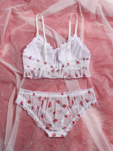 Vista 2 de SOLY HUX Lencería sexy para mujer, talla grande, brasier de malla de fresa y bragas, lencería de regalo de San Valentín para mujer, Blanco