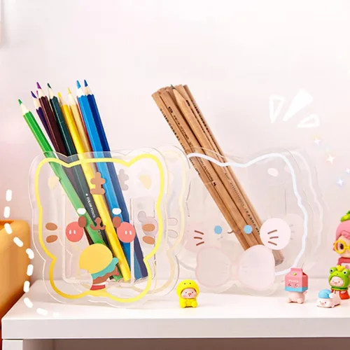 Vista 3 de Kawaii - Organizador de escritorio de acrílico transparente con diseño de oso lindo conejito de oficina, papelería, cosméticos, caja