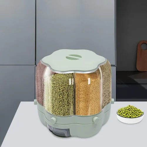 Vista 9 de Dispensador de granos de 6 rejillas, dispensador de alimentos secos de grano giratorio de 360°, contenedor de almacenamiento de arroz y granos