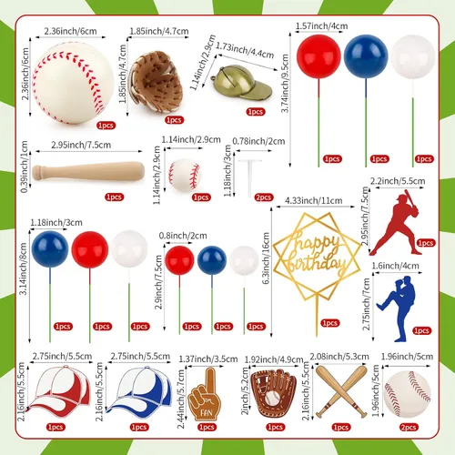 Vista 2 de Juego de 26 decoraciones de pastel de béisbol con mini bolas, jugador, gorras, guantes, murciélagos, adornos de pastel de cumpleaños de béisbol