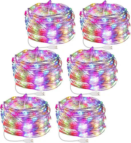 Vista 9 de Macarrie 6 piezas de luces de cadena USB de 33 pies con 100 LED, luces de hadas alimentadas por USB para decoración de Navidad, interior, exterior