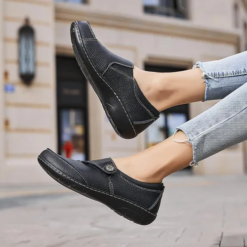 Vista 2 de Geoeleph - Mocasines de cuero para mujer, cómodos, planos, para caminar, con cordones, informales Negro