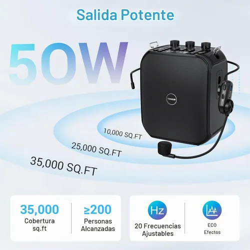 Vista 6 de TONOR Amplificador de voz recargable de 6000 mAh de 50 W, sistema PA personal Bluetooth con micrófono y cintura de auriculares inalámbricos, altavoz