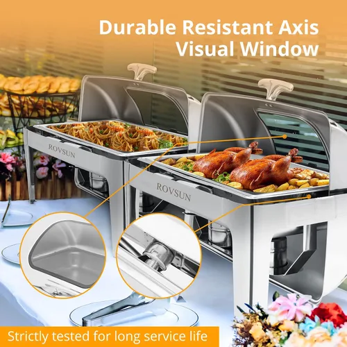 Vista 5 de ROVSUN Juego de 3 platos de bufé con tapa enrollable, 9 cuartos de galón de acero inoxidable NSF rectangular para catering, servidores de bufé