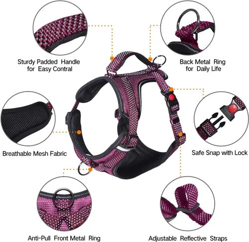 Vista 5 de LOS ANDES Arnés reflectante completo para perro, arnés ajustable sin tirones para mascotas, con clip frontal, chaleco acolchado suave con asa, arnés