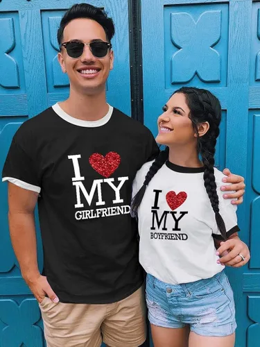 Vista 3 de TSIPR Camiseta I Love My Girlfriend GF con texto en inglés "I Love My Boyfriend BF con purpurina y corazón a juego para parejas, regalos del día