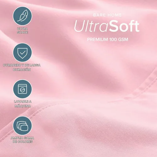 Vista 3 de Bare Home Juego de sábanas 1800 ultra suaves con 4 fundas de almohada 24 - rosa claro
