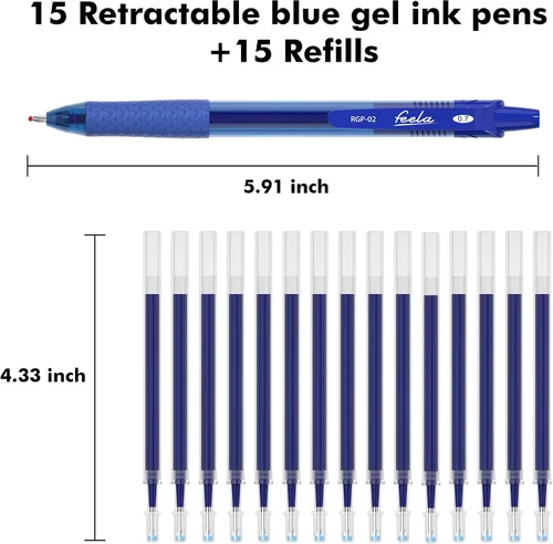 Vista 2 de feela Paquete de 30 bolígrafos retráctiles de tinta azul de punta media, 15 bolígrafos de gel de punta fina con 15 recambios para una escritura suave